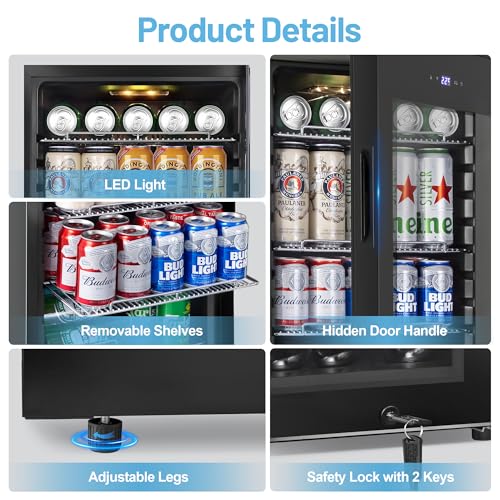 Beverage Refrigerator Cooler, 17 Inch 120 Cans Freestanding Mini Fridge with Glass Door, Adjustable Shelves and LED Light, Small Drink Fridge Counter-top Beer Fridge for Bedroom Office Bar