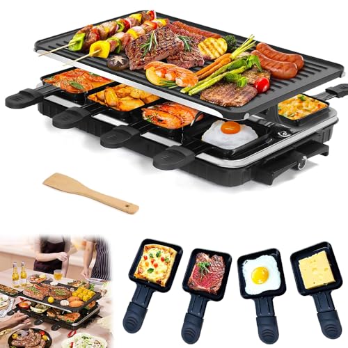 Raclette Grill Machine Electric 8 Persons Indoor BBQ Raclette Table Double Layer Smokeless Electric Grill 1300 W & 8 Cheese Non-Stick Griddle Plate & Adjustable Temperature Control