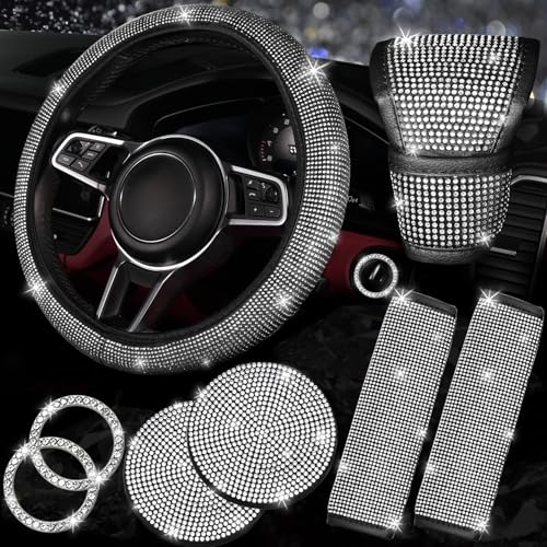 NBTEPEM 8 pcs Bling Car Accessories Set for Women, Steering Wheel Cover, Sparkly Seat Belt Covers, Bling Gear Shift Cover, Universal Fit Most Cars (Silver Diamond)