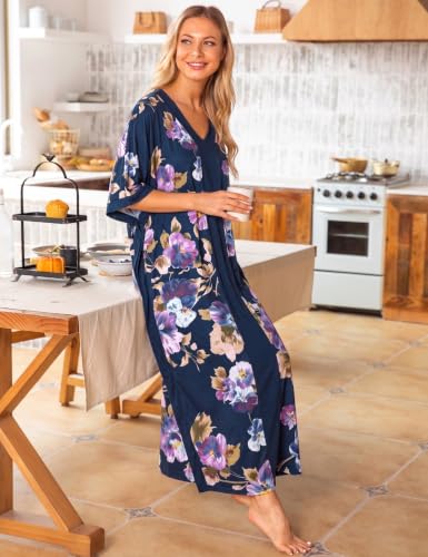 Image of Bloggerlove Women Nightgowns Cotton Caftan House Dress Short Sleeve Sleepwear Vacation Beach Moo Moos Dress with Pockets