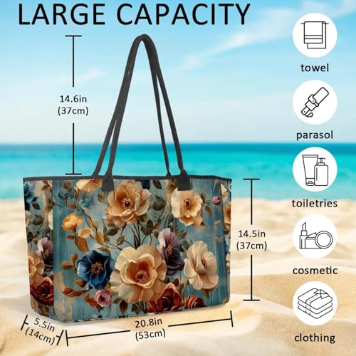 Large Beach Bag for Women, Retro Paper Flower Travel Tote with Pockets Waterproof Shoulder Handbag4