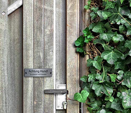 Echtes Edelstahl Hinweis-Schild Türschild Größe 10x3,5 oder 12x4 cm ' Achtung ' Hund Schäferhund selbstklebend oder mit Bohrlöcher Betreten auf eigene Gefahr Hundeschild Modell: M1
