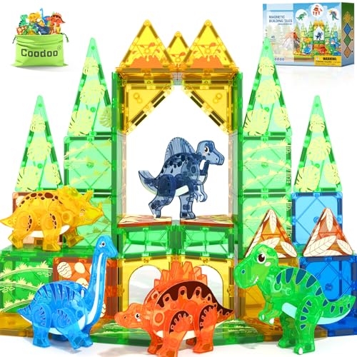 Coodoo Dinosaur Toys Magnetic Tiles 3D Movable Dinos for Kids 3-5 5-7 Toddler Outdoor Sensory Toys, STEM Educational Magnetic Blocks for 3+ Years Old Boys Girls Kids Toy