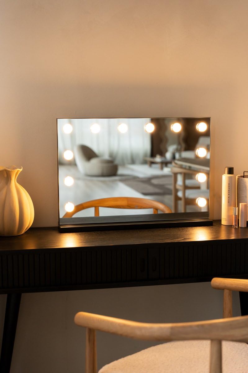 SensaHome Vanity Mirror Pro - Espejo de Maquillaje Estilo Hollywood con 12 Luces LED Regulables, 3 Modos de Luz, 60x40cm - Negro