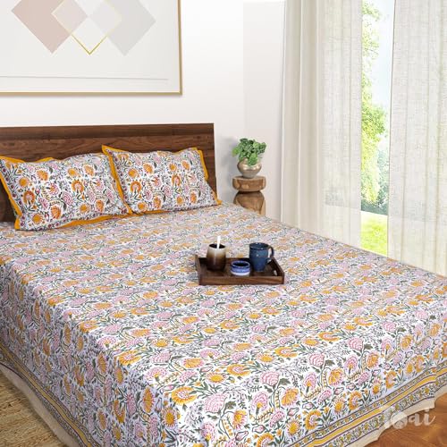 Image of TOAI Bedsheet for Double Bed King Size 108 inch x 108 inch |100% Pure Cotton 210TC | Hand Block Printed Jaipuri Bedsheet | 2 Reversible Pillow Covers 18 inchx27 inch |White Yellow Florals