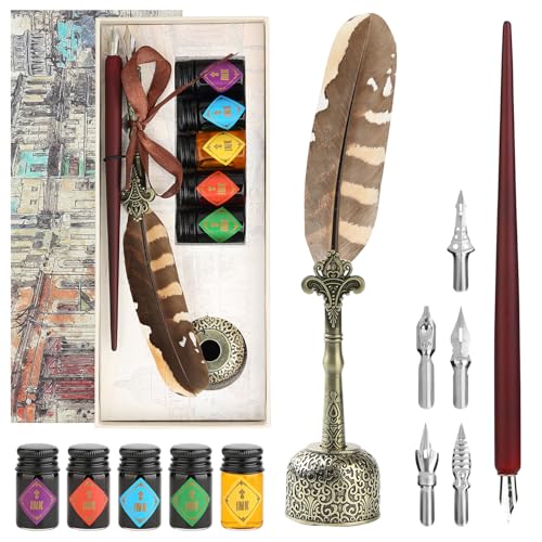 GC QUILL Feather Quill Calligraphy Pen & Wooden Dip Pen and Ink Set Includes 7 Nibs 5 Ink Bottles Pen Holder Antique Writing Gift Set for Beginners Artists and Students - MU-22