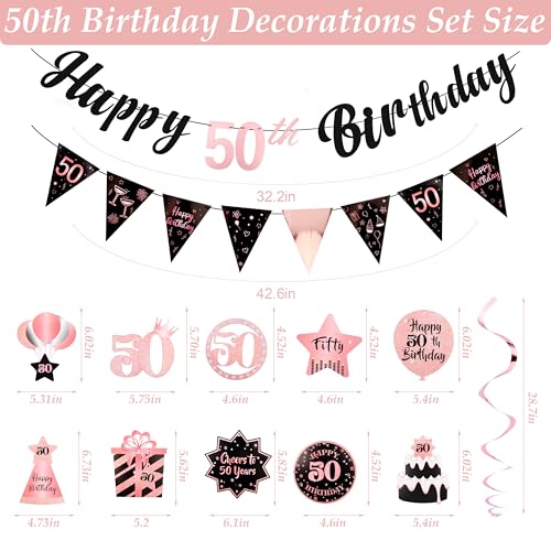 Image of 50th Birthday Decorations for Women Rose Gold Pink Pre Strung Happy 50th Birthday Banner and Hanging Swirls 50 Year Old Party Decorations Supplies