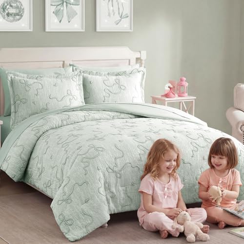 Image of Queen Comforter Set - 7 Pieces Bow Jacquard Bed in a Bag Girls Bedding Set | Cottage Core Bedding Sets, All Season Bed set with Comforter, Sheets, Pillowcases & Shams, Light Green