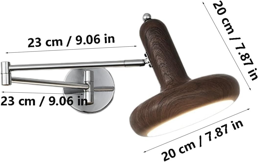 Nowoczesna lampa ścienna z regulowanym ramieniem wahadłowym, kinkiet E27 z kloszem ze sztucznego drewna lub metalu w kolorze kremowym, elastyczne światło do czytania T-155 (orzech, 20 cm/7,8