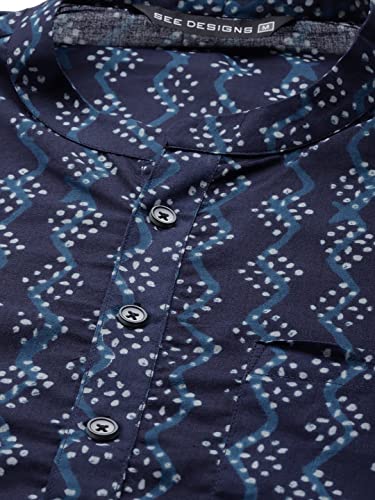 Image of See Designs Blue & White Cotton Regular Fit Mandarin Collar Printed Kurta Set