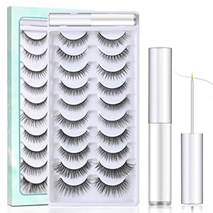 SISILILY False Eyelashes Multipack with Eyelash Glue – 10 Pairs Reusable 3D Eye Lashes Natural Handmade Black Strip False Lashes