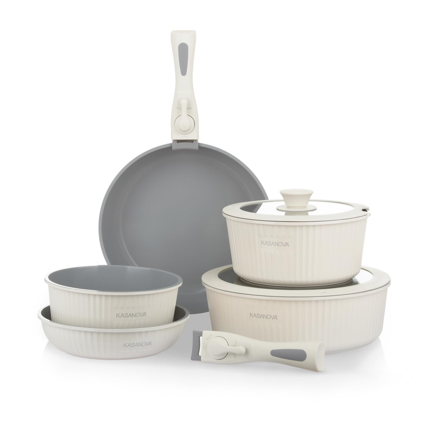 KASANOVA 9 ollas y sartenes con mango desmontable, revestimiento antiadherente de cerámica, juego antiadherente apilable, apto para horno, apto para inducción, sin PTFE, PFAS, PFOA, plomo, cadmio,