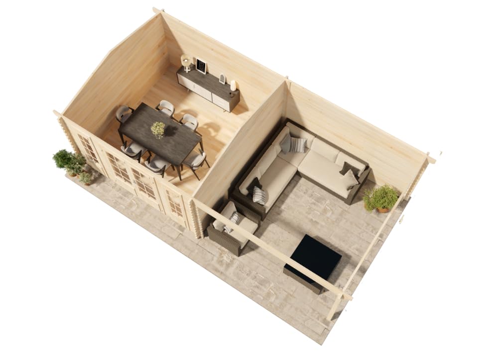 Alpholz Gartenhaus Freiburg-44 aus naturbelassenem Holz 755 x 399 cm mit 44 mm Wandstärke, Terrasse und Doppeltür