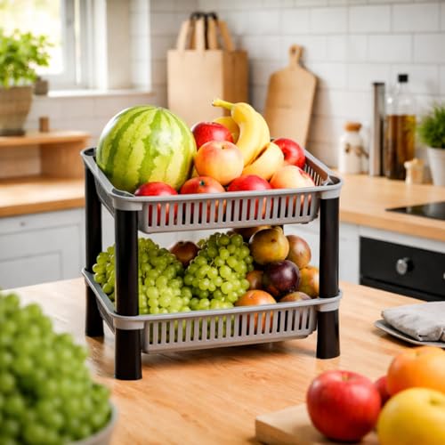 Image of Plastic Kitchen Rack, Multipurpose Vegetable & Fruit Storage Basket Organizer for Home, Pantry & Kitchen - Strong & Easy to Assemble (2 Layer, Silver)