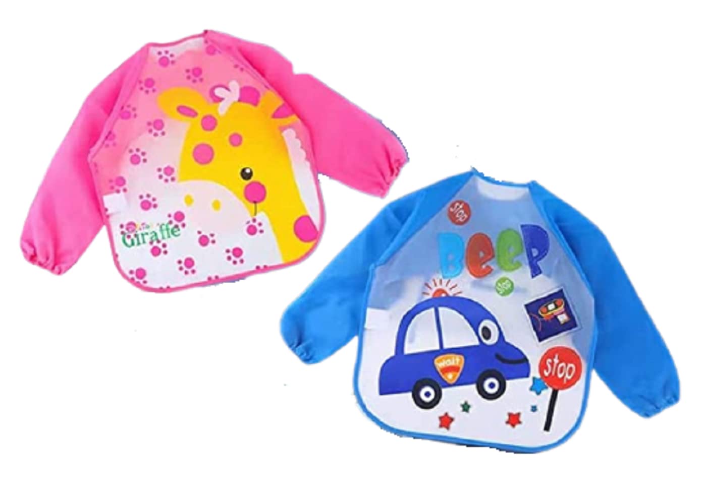 BabyGo Washable 2 Pcs Long Sleeve Bibs, Waterproof Baby Bibs, Toddler Sleeved Bib, Baby Smock for Eating Feeding, 6-24 Months (Multicolor)