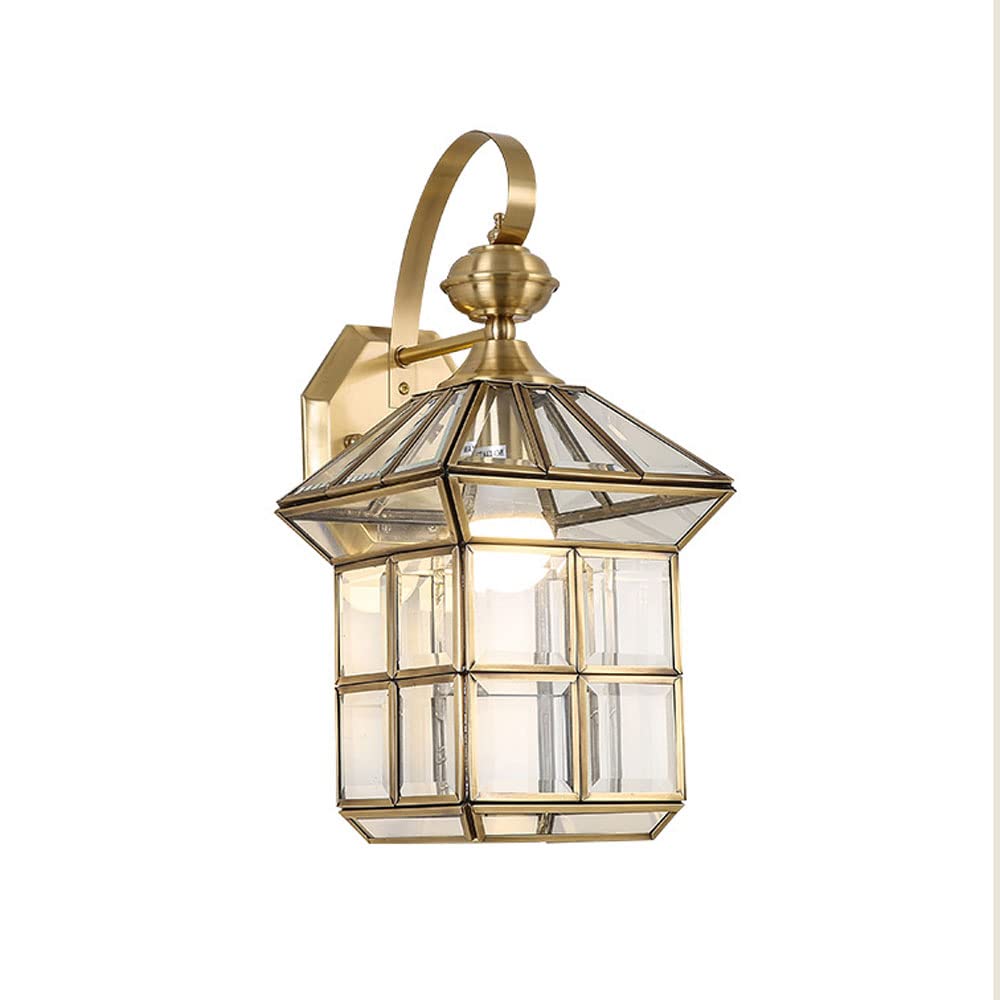 nowoczesne kinkiety, Zewnętrzna latarnia ścienna mosiężna 18x38 cm, klosz szklany E27, lampa zewnętrzna na werandę