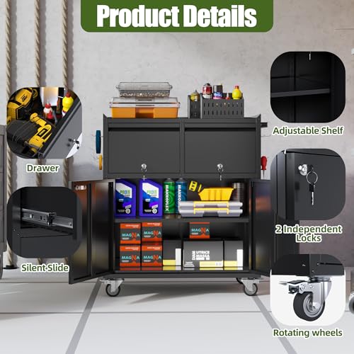 Image of Aobabo Rolling Metal Garage Cabinet with 2 Drawers, Lock and Pegboard