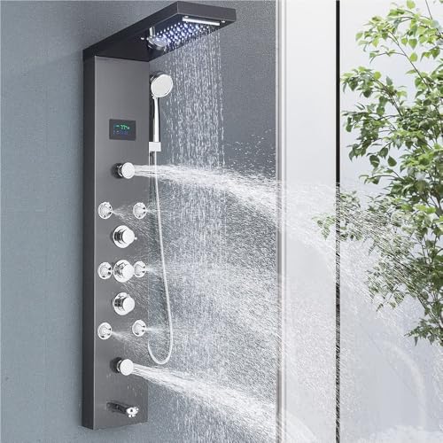 LED Shower Panel Tower System Rain Waterfall Column Hydroelectricity LCD Display with Massage Body Spa Bath Faucet miniatura 3