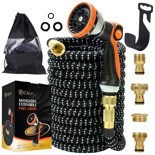 Becalia Manguera Jardin Extensible - Manguera Extensible 30 Metros con Adaptadores de Laton para Exterior e Interior y Pistola Regulable para Familias con Jardín, Terraza, Huerto, Campo, garden hose.