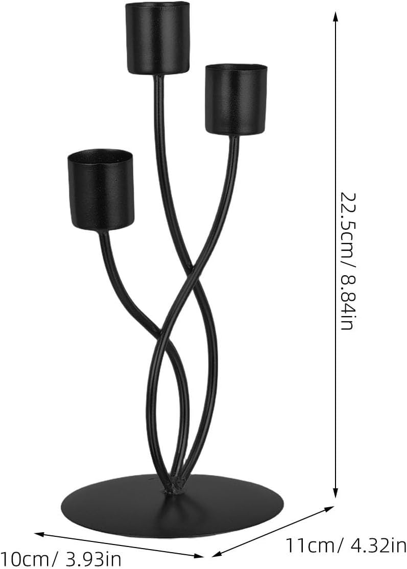 Vintage Iron Candelabra Three-arm Design Black Metal Candle Holder with Large Diameter Bottom Stable Centerpiece for Outdoor Garden Setting and Dining Table Decoration