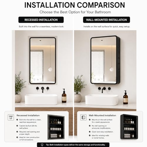 Image of 16x24 Medicine Cabinet with Mirror, Black Metal, Recessed or Surface Mount