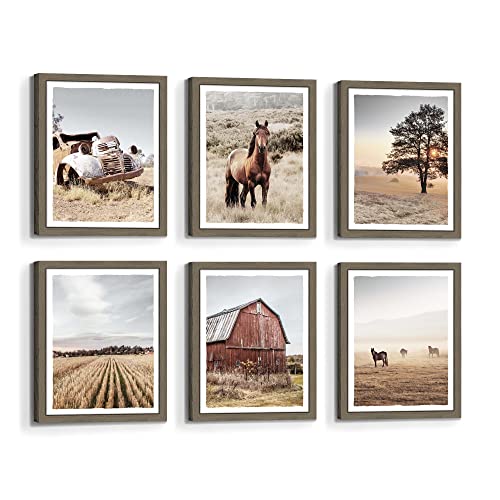 Bedroom Framed Wall Art Farmhouse: Living Room Rustic Country Farm Tree Nature Picture Vintage Western Barn Landscape Print Brown Horse Truck Painting 6 Piece 11X14 Vertical Sunset Artwork For Home #TOP11