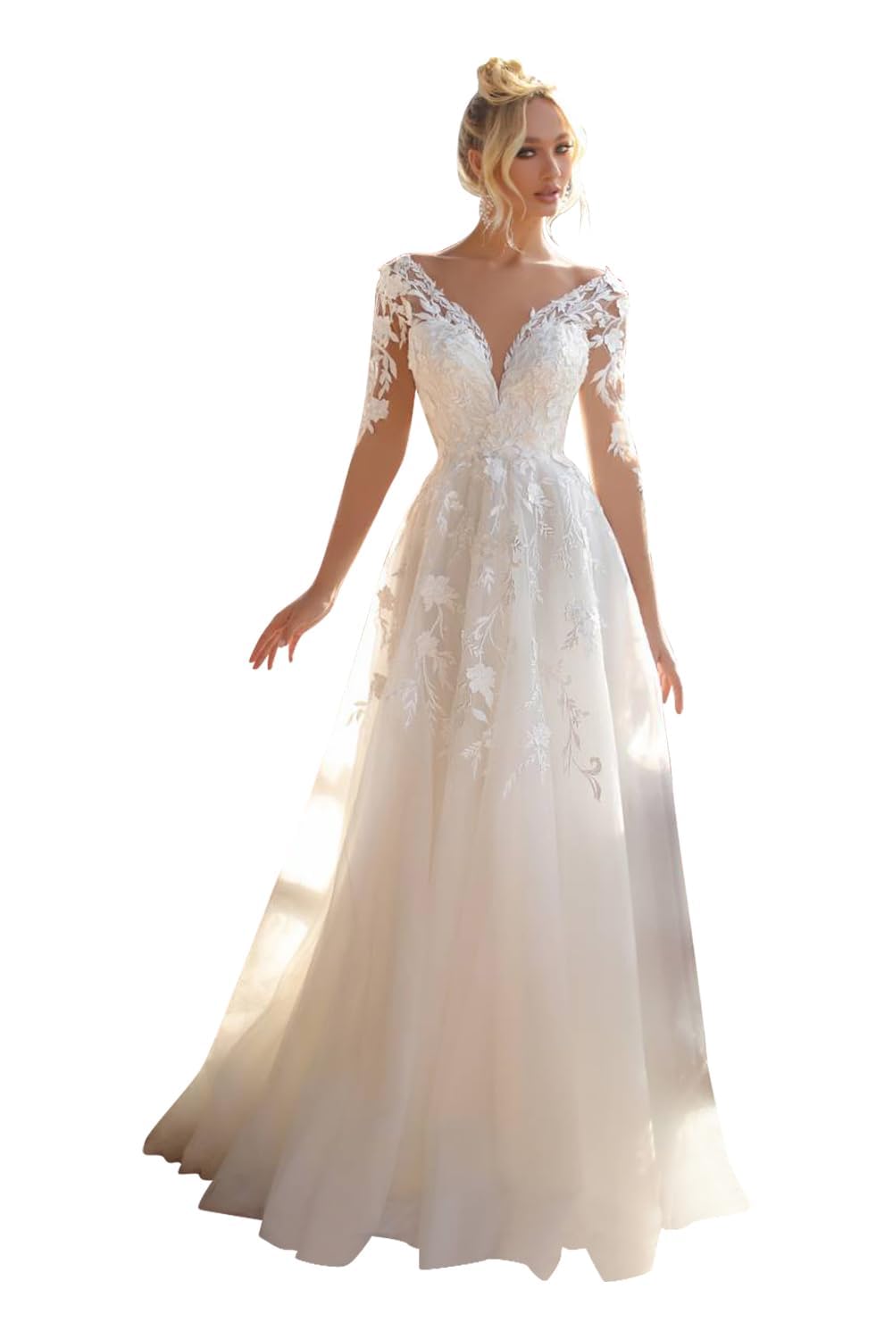 Abito da Sposa Abiti da Sposa Manica Lunga Scollatura a V Ufficio Civile Moda Sposa Abiti da Sposa, Avorio 22, 32