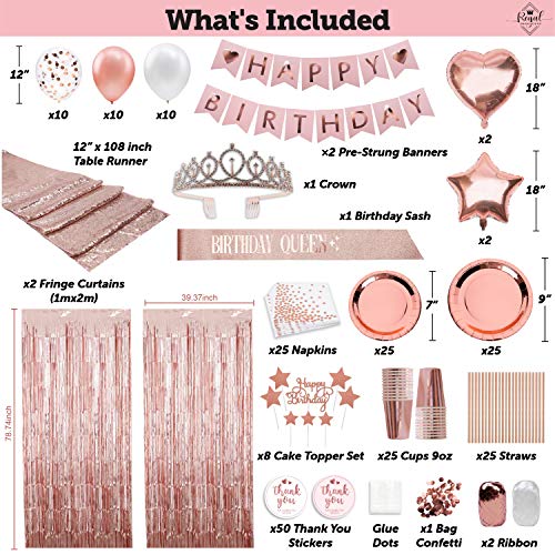 225 Pc Rose Gold Birthday Party Decorations Kit For Girls, Teens Or Women - Happy Birthday Pre-Strung Banners, Curtains,Table Runner, Balloons, Sash, Tiara, Cake Toppers, Plates, Cups, Napkins Straws For 25 Guest & Thank You Stickers #TOP2