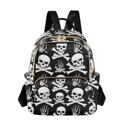 Sac à dos noir squelette pirate pour femme de taille moyenne avec poches zippées