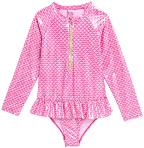 Real Love Girls' Bathing Suit - Quarter Zip Long Sleeve One Piece Rashguard Swimsuit - Cute Bathing Suit for Girls (4-12)