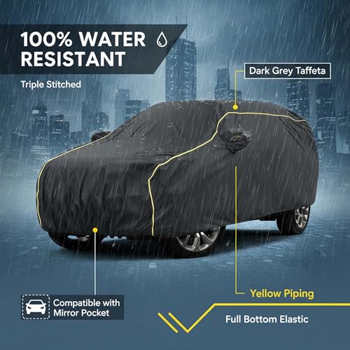 Image of Sulfar 100% Water Resistant Car Body Cover Compatible with Mirror for BMW 5 Series (Triple Stitched, Full Bottom Elastic, Dark Grey Taffeta with Yellow Piping)