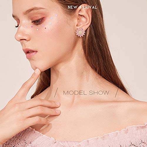 Pink Daisy Flower Stud Earrings - Elegant Hypoallergenic Gold Large Big Sterling Silver Sparkly Crystal Cz Cubic Zirconia Rhinestone Sunflower Burst Floral Cluster Stud Earrings Bridal Wedding Party Prom Costume Jewelry For Bride Bridesmaids Women Girls Birthstone Birthday Gift #TOP1