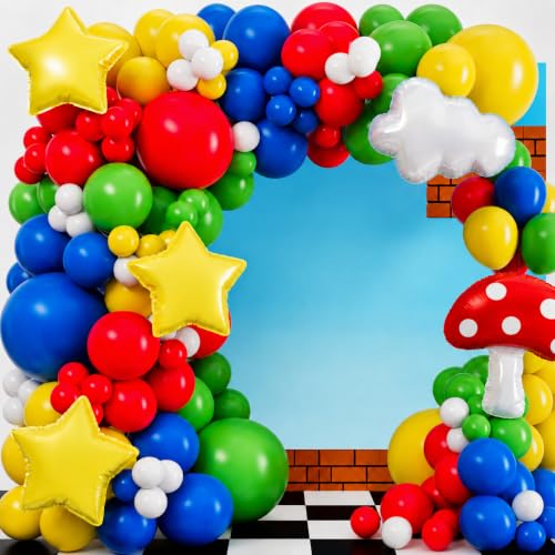 ALL-IN-1 Video Game Balloon Arch Kit with BONUS Mushroom, Cloud & Star Balloons - Red Blue Green Yellow Balloon Garland for Gamer Birthday Party Decorations & Party Supplies