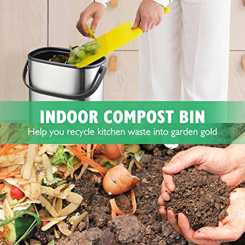 Compost Bin Kitchen, Stainless Steel Countertop Compost Bin, Indoor Compost Bin With 1 Extra Charcoal Filter, Mountable Food Waste Bin For Kitchen, 1.3 Gallon #TOP5