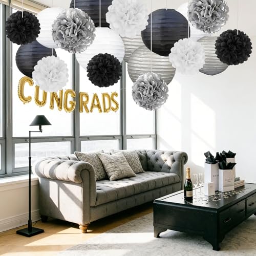 Image of 18 PCS Black White Silver Paper Lanterns & Tissue Paper Pom Poms for Men's Birthday, Graduation 2026, Wedding, Hanging Paper Decor for Indoor Outdoor Events Theme Party Supplies