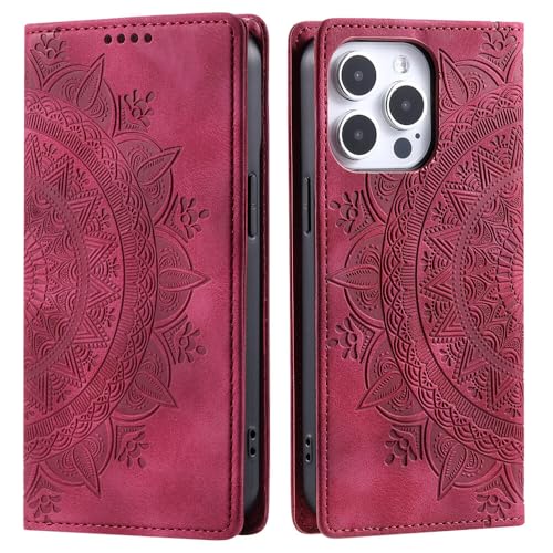 Housse iPhone 15 Plus en cuir gaufré rouge avec clapet magnétique chic