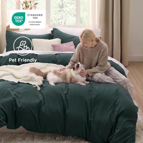 Image of Bedsure Prewashed Duvet Cover Full, Cotton-Like Bedding Set, Forest Green | Ultra Soft, Relaxed Texture, 80 inchx90 inch Breathable Comfort, Hidden Zipper, 8 Corner Ties, Easy Care, OEKO-TEX, Year-Round Use