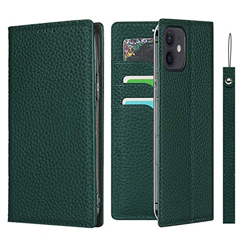 Étui portefeuille iPhone 12 en cuir vert idéal pour voyager les mains libres