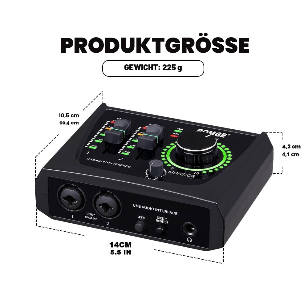 BOMGE Mini-2-Kanal-USB-Audio-Schnittstelle für Aufnahme, Streaming und Podcasting, mit XLR/48 V Phantomspeisung, Audio-Interface in Studioqualität für Gitarristen, Vokalist, Podcaster oder Produzenten