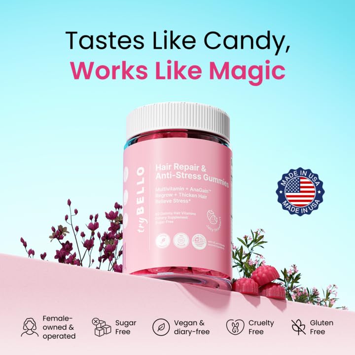 Anti-Stress & Hair Growth Gummies for Women | Sugar-Free, Vegan Hair Supplements | Gluten-Free, Soy-Free, Dairy-Free Gummy Vitamins for Thicker, Healthier Hair | 30 Servings