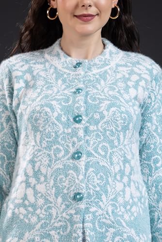 Image of Wear lusso Women Woolen Round Neck Self Design Cardigan | Heavy Hair Fabric Winter Wear | Pure Wool Long Cotty Fully Warm Cardigan Sweater