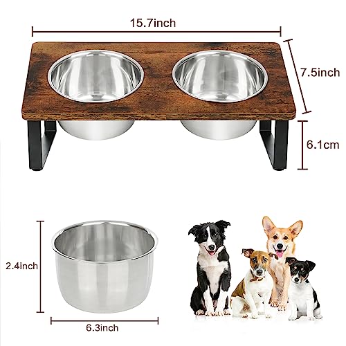 KEVIDEAWL Elevated Dog Bowls for Small Medium Dogs, Wood Raised Dog Bowl Stand with 2 Stainless Steel Deep Bowls, Dog Food and Water Bowls, Anti Vomit, Non-Slip Dogs Feeding Dishes