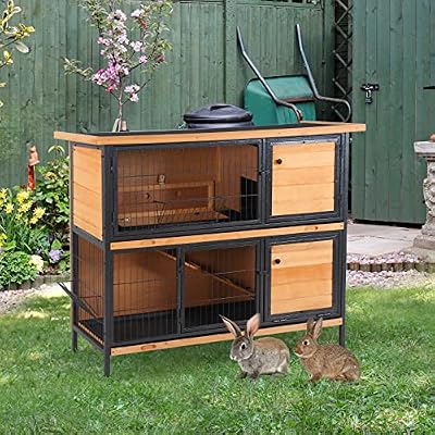 PawHut 48 2-Story Large Rabbit Hutch Bunny Cage Wooden Pet House Metal Frame with Rooms, Ramp, No Leak Tray, Feeding Trough, Waterproof Asphalt Roof for Rabbits, Chickens, Ducks, Outdoor/Indoor