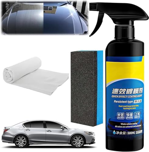 Car Coating Spray Set, Quick Effect Coating Agent, Quickly Coat Car Wax, Scratch Wax Polish Spray Extremely Hydrophobic, Oil Film Emulsion Glass Cleaner (1PCS+Sponge+Cloth)