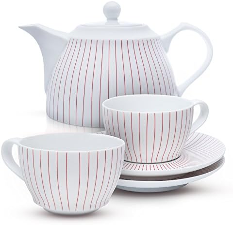 Tea Branch Fine Porcelain Tea Set For 2 With Teapot, Tea Cups And Saucers, 1200 ml 40 oz Tea Coffee Pot For Anniversary and Wedding Gifts For The Couple, Ceramic, 6 Pieces, Red and White