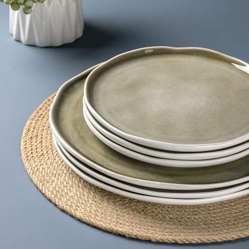 Image of LERATIO Ceramic Dinnerware Sets for 6,Porcelain Plates and Bowls Sets with Wavy Edge,Microwave & Dishwasher & Oven Safe,Light Weight & Scratch Resistant Dishes Sets-Olive Green