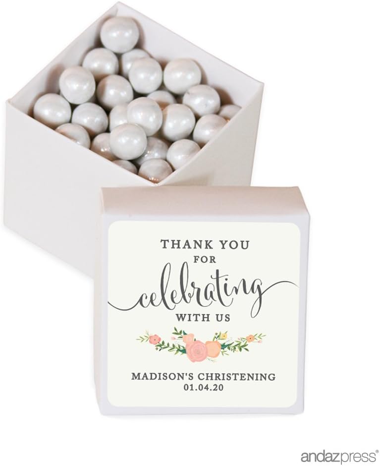 Andaz Press Personalized Mini Square Party Favor Box DIY Kit, Baptism, Thank You for Celebrating With Us, Floral Roses with White Box, 20-Pack, For Religious, Christening Decorations, Custom Name