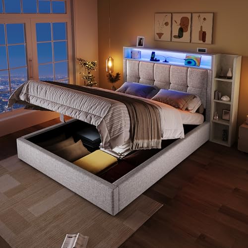 Canape Abatible de Formato Individual 90x200 cmcon Sistema de Elevacion Neumatica con Modulo de Almacenaje Lateral como Marco con Puertos de Carga USB y Tipo C y Bastidor Beige
