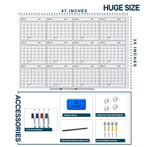 J&J Worldwide Whiteboard Calendar Glass Board Yearly Calendar - 35" X 47" Large Wall Calendar - White Board Dry Erase Planner For Wall Home, School, Office #TOP5