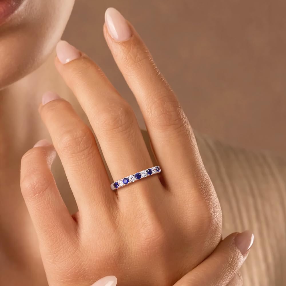 Half Eternity Band Rings for Women Sterling Silver/14K Gold Plated Created Ruby/Sapphire/Emerald/Amethyst Gemstone 3mm Stacking Wedding Bands Size 6-10 - Image 7